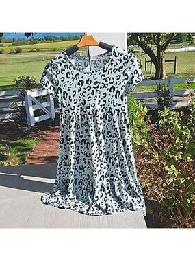 Pink Rose dress babydoll short sleeve baby blue aqua leapord midi dress new